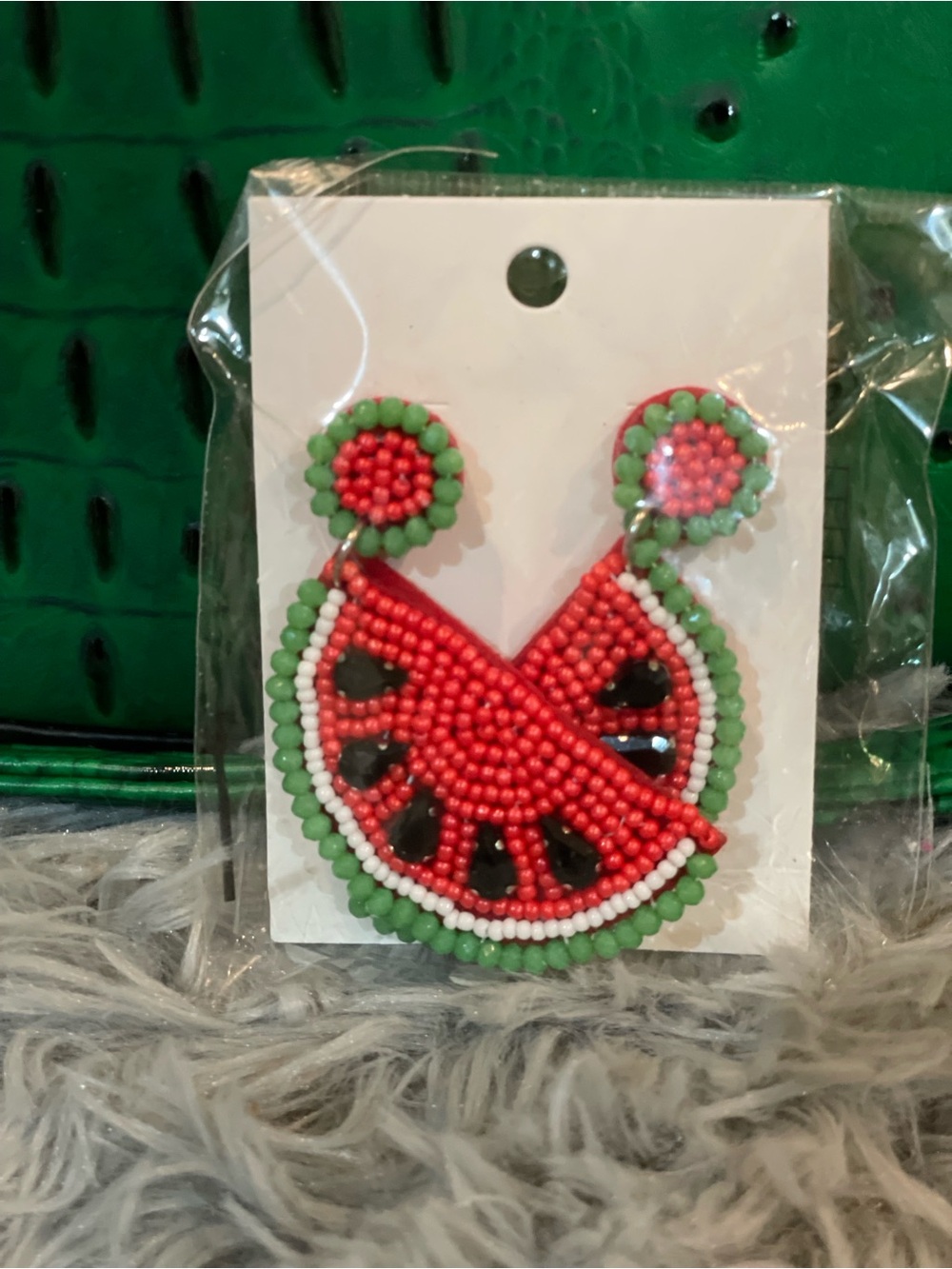 Earrings Beaded Watermelon Slice Earrings - Red & Green handmade